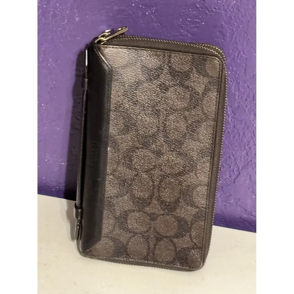 Coach Double Zip Travel Organizer Signature Canvas Brown Bag Case Clutch Rare